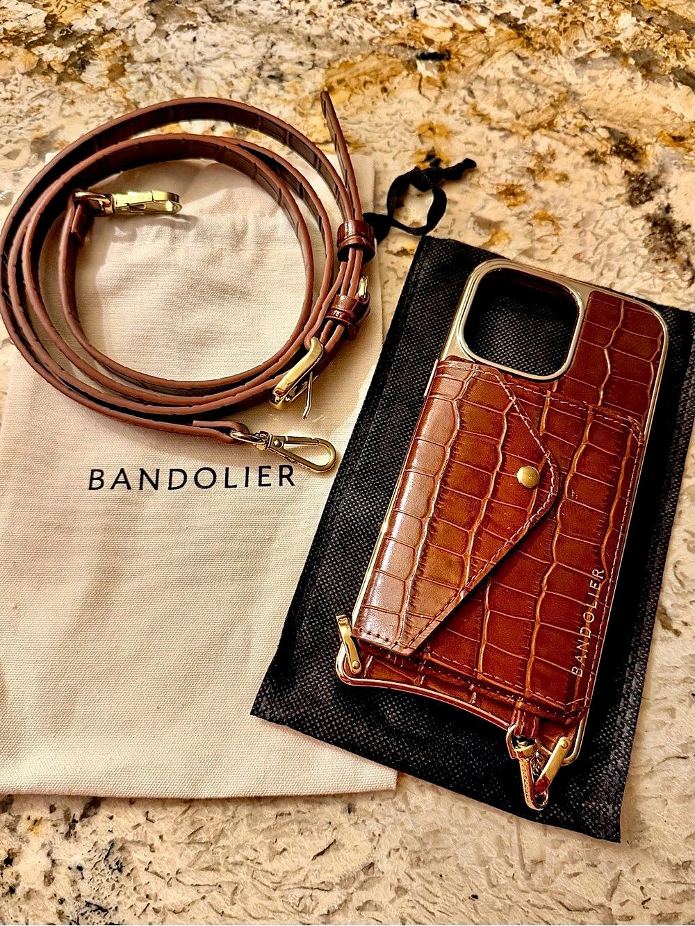 Bandolier Brown Crocodile Gold removable wallet and strap iPhone 16 Pro Max Case